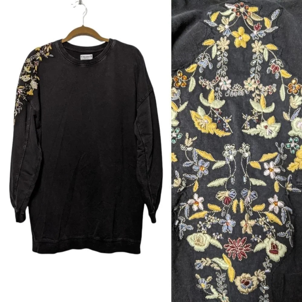 PULL & BEAR Let's Gem Floral Embroidered Sleeve Pullover Top S